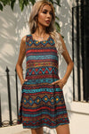 Printed Round Neck Sleeveless Dress with Pockets Wine Casual Dresses - Tophatter Daily Deals