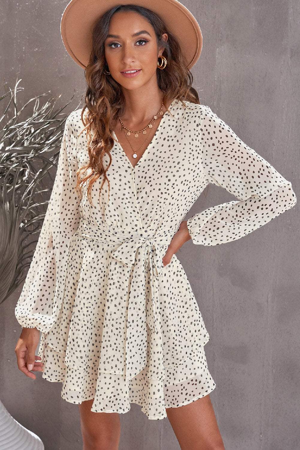 Tied Polka Dot Balloon Sleeve Layered Dress Ivory Casual Dresses - Tophatter Daily Deals