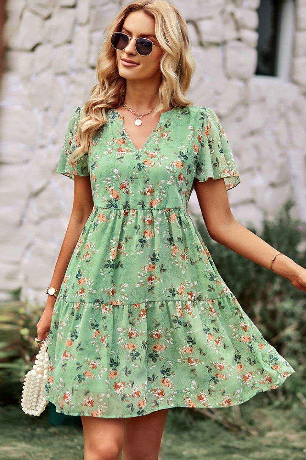 Floral Notched Flutter Sleeve Mini Dress Casual Dresses - Tophatter Daily Deals