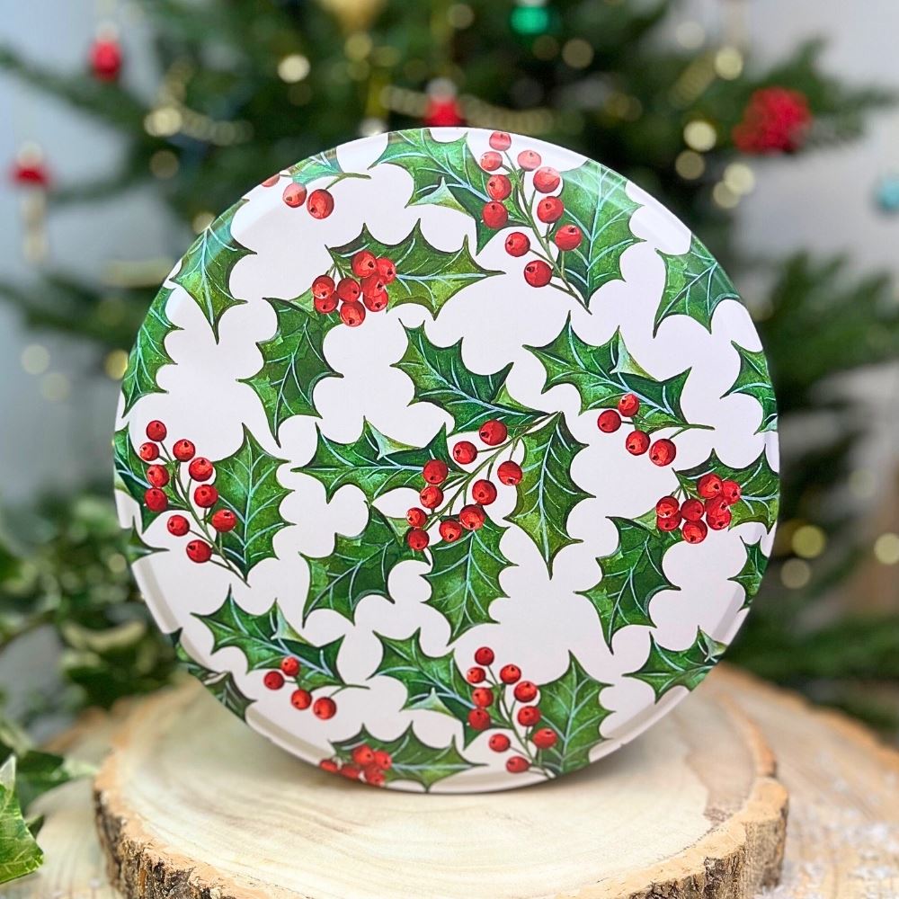 Holly & Berries Christmas Cake Tin | Round Festive Baking Storage Tin 24x12cm Tin - Tophatter Daily Deals
