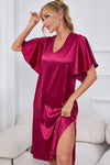 Satin Flutter Sleeve Side Slit V-Neck Night Dress Sleep Dresses - Tophatter Daily Deals