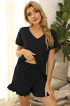 V-Neck Short Sleeve Top and Drawstring Shorts Lounge Set Loungewear Sets - Tophatter Daily Deals