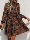 Perfee Frill Printed Mock Neck Long Sleeve Mini Dress Brown Casual Dresses - Tophatter Daily Deals