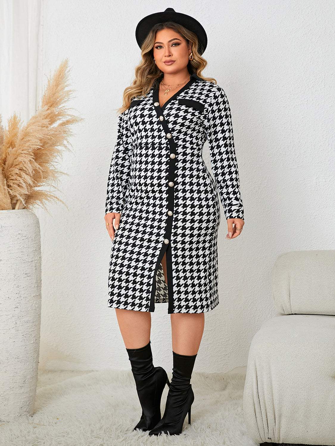 Plus Size Houndstooth Long Sleeve Slit Dress Casual Dresses - Tophatter Daily Deals