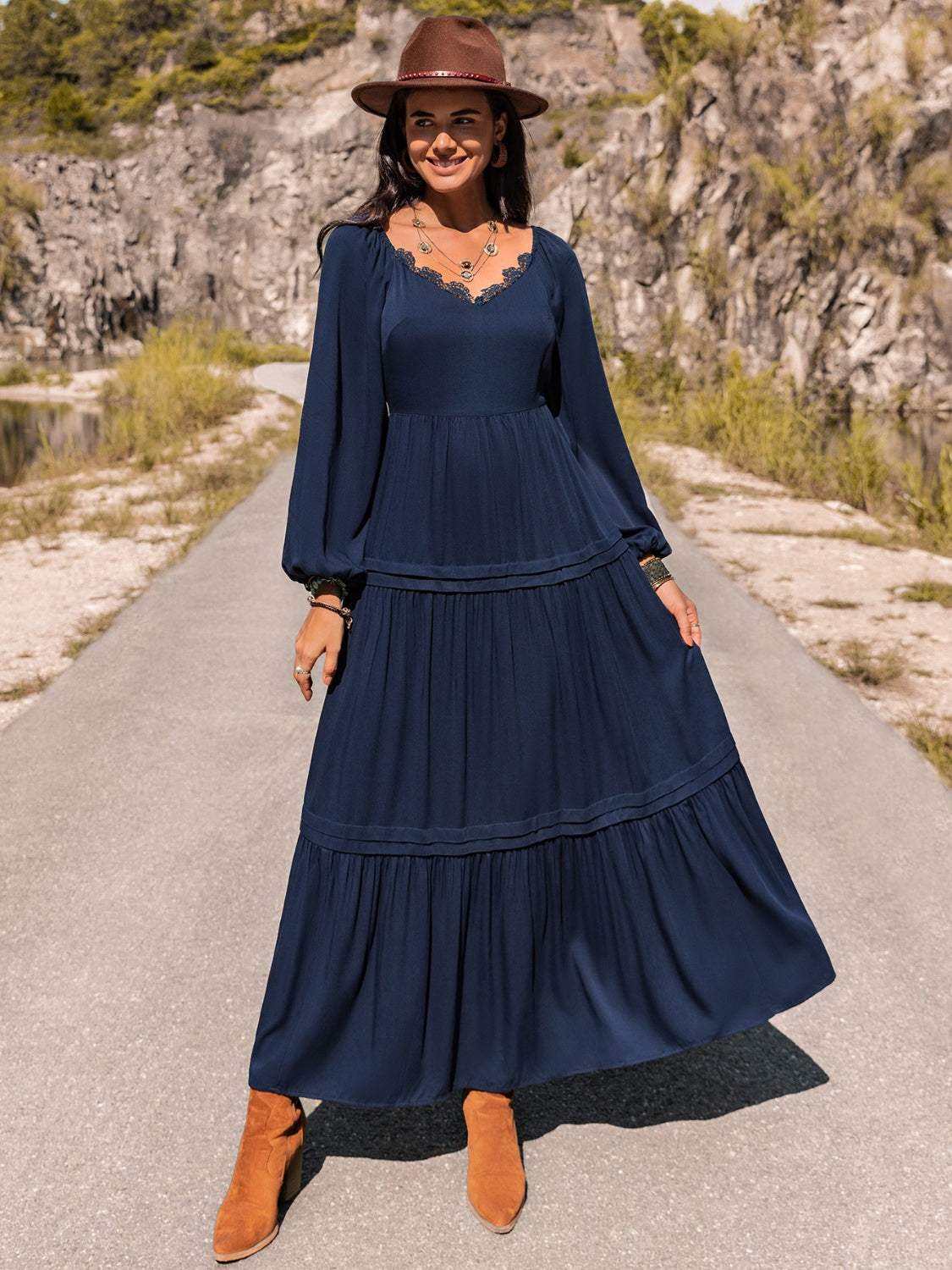 Long Sleeve Lace Trim Maxi Dress Casual Dresses - Tophatter Daily Deals