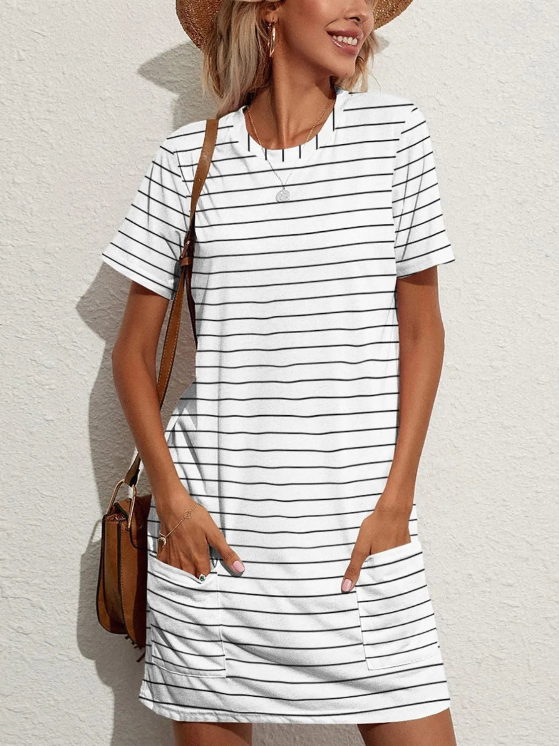 Pocketed Striped Round Neck Short Sleeve Dress White Casual Dresses - Tophatter Daily Deals