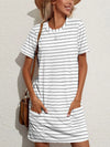 Pocketed Striped Round Neck Short Sleeve Dress White Casual Dresses - Tophatter Daily Deals