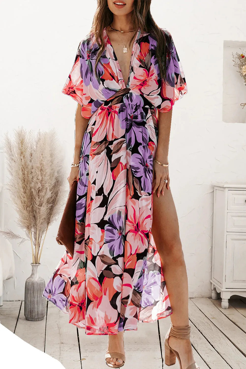 Plunge Printed Split Midi Dress Casual Dresses - Tophatter Daily Deals