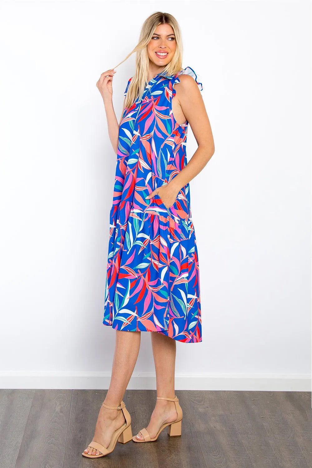 Be Stage Print Ruffled Midi Dress with Pockets Casual Dresses - Tophatter Daily Deals