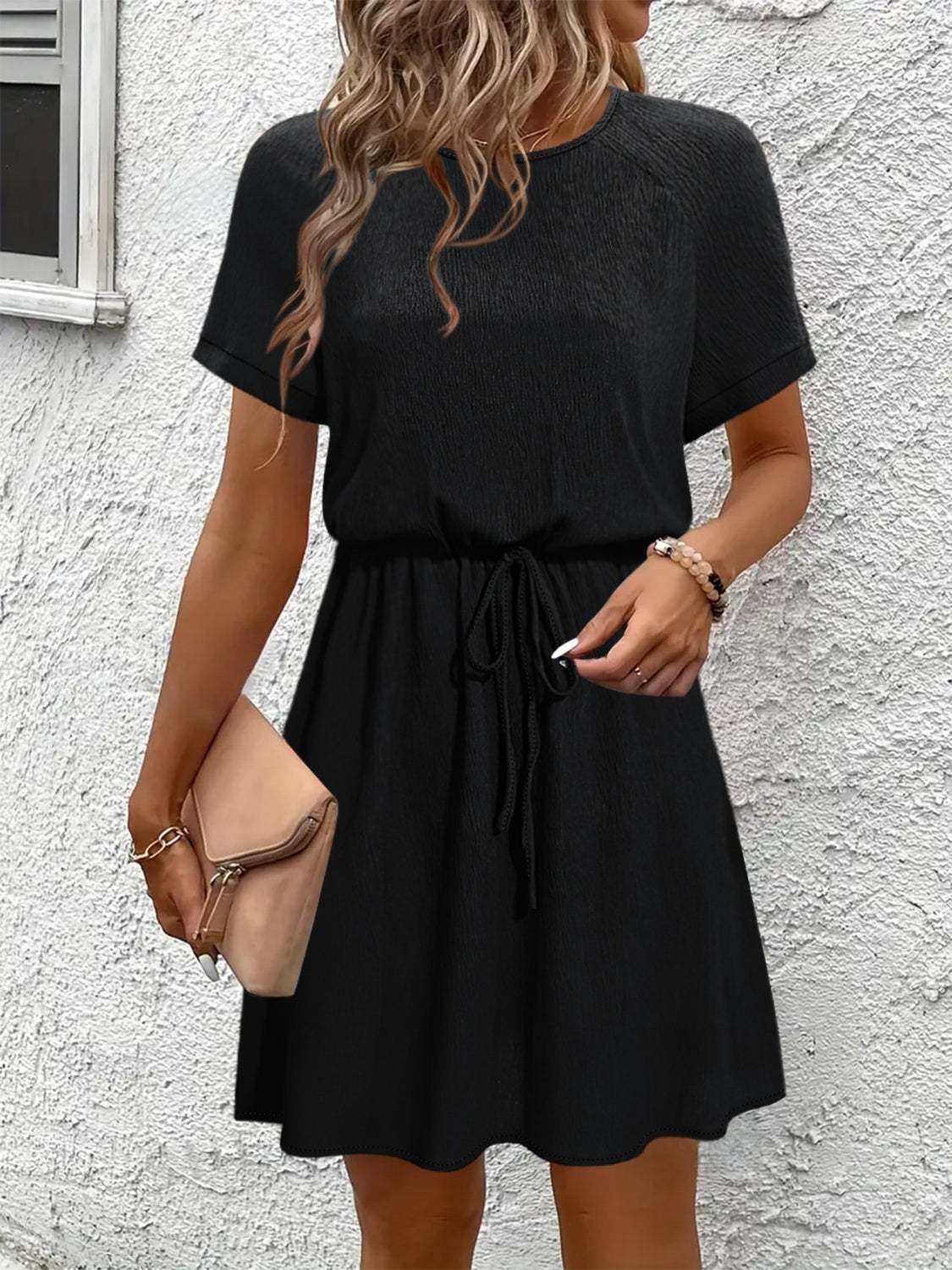 Round Neck Short Sleeve Dress Black Casual Dresses - Tophatter Daily Deals