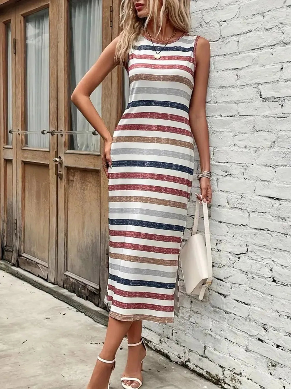 Slit Printed Round Neck Sleeveless Dress Casual Dresses - Tophatter Daily Deals