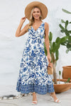 Printed V-Neck Wide Strap Dress Peacock Blue Casual Dresses - Tophatter Daily Deals