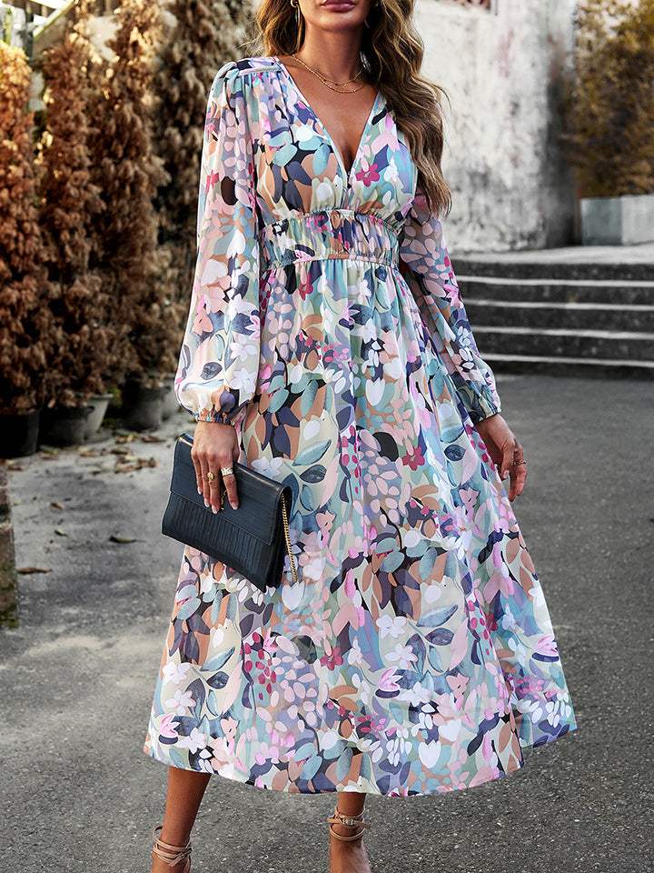 Printed V-Neck Long Sleeve Midi Dress Multicolor Casual Dresses - Tophatter Daily Deals