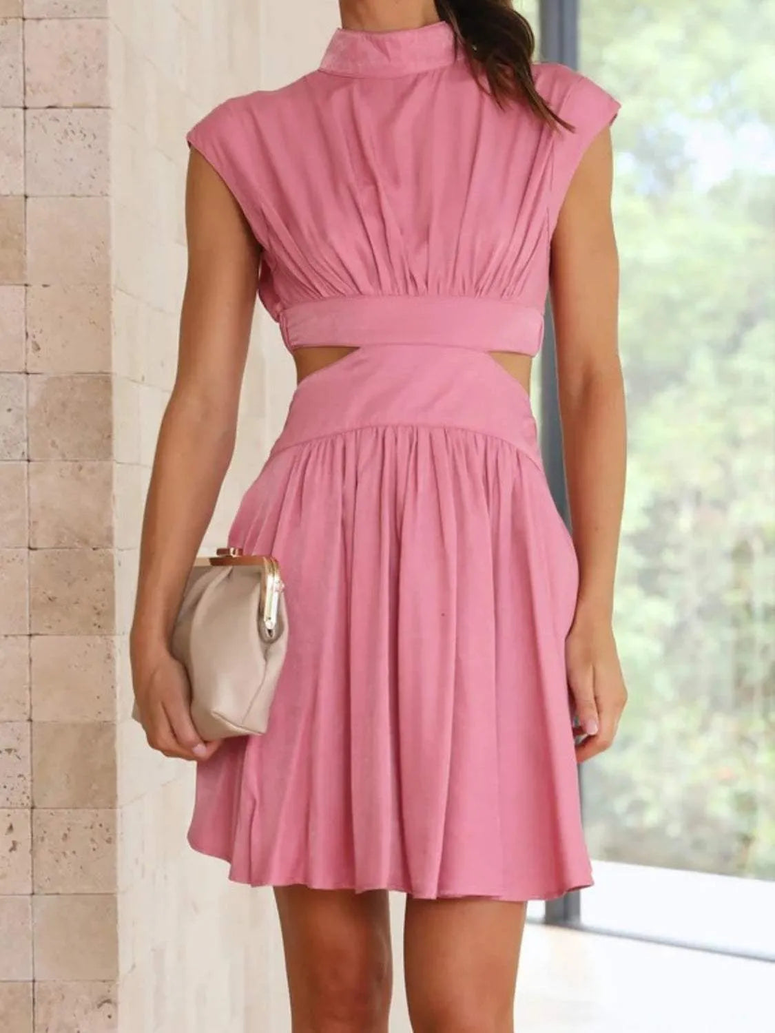 Cutout Ruched Mock Neck Mini Dress Carnation Pink Casual Dresses - Tophatter Daily Deals