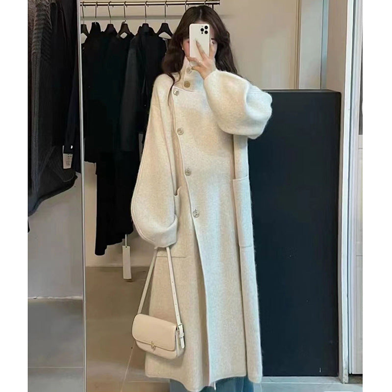 Warm Cozy Womens Wool Midlength Overcoat - Turtleneck Knit Apricot Free Size 3D Changing Face Moving Picture Frame - Tophatter Daily Deals