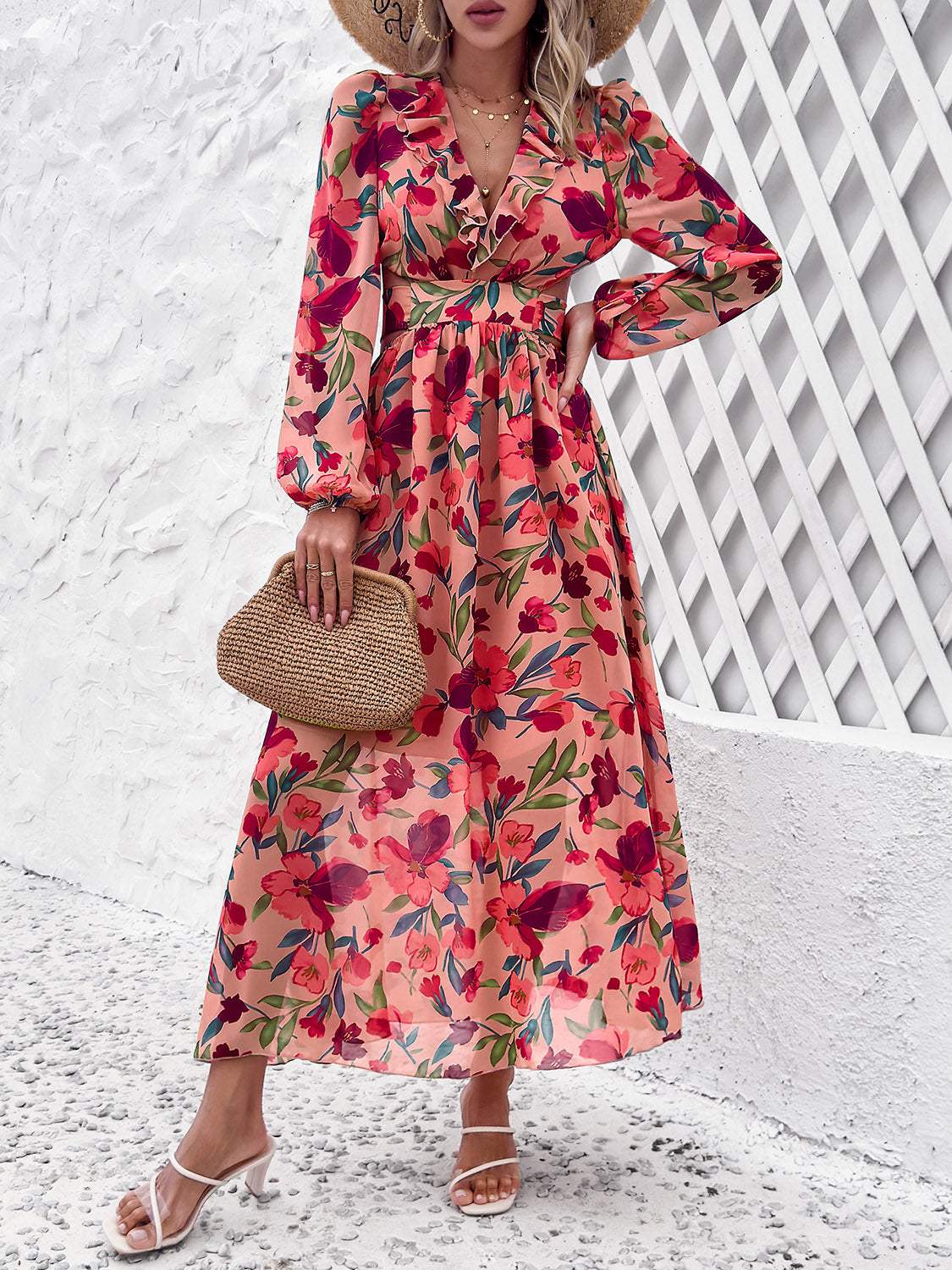 Cutout Printed V-Neck Balloon Sleeve Dress Coral Casual Dresses - Tophatter Daily Deals