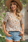 Floral V-Neck Short Sleeve T-Shirt Camel Women's T-Shirts - Tophatter Daily Deals