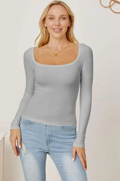 Square Neck Long Sleeve T-Shirt Light Gray Women's T-Shirts - Tophatter Daily Deals