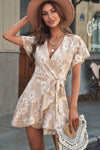 Floral Lace Pompom Detail Tie-Waist Flutter Sleeve Dress Sand Casual Dresses - Tophatter Daily Deals