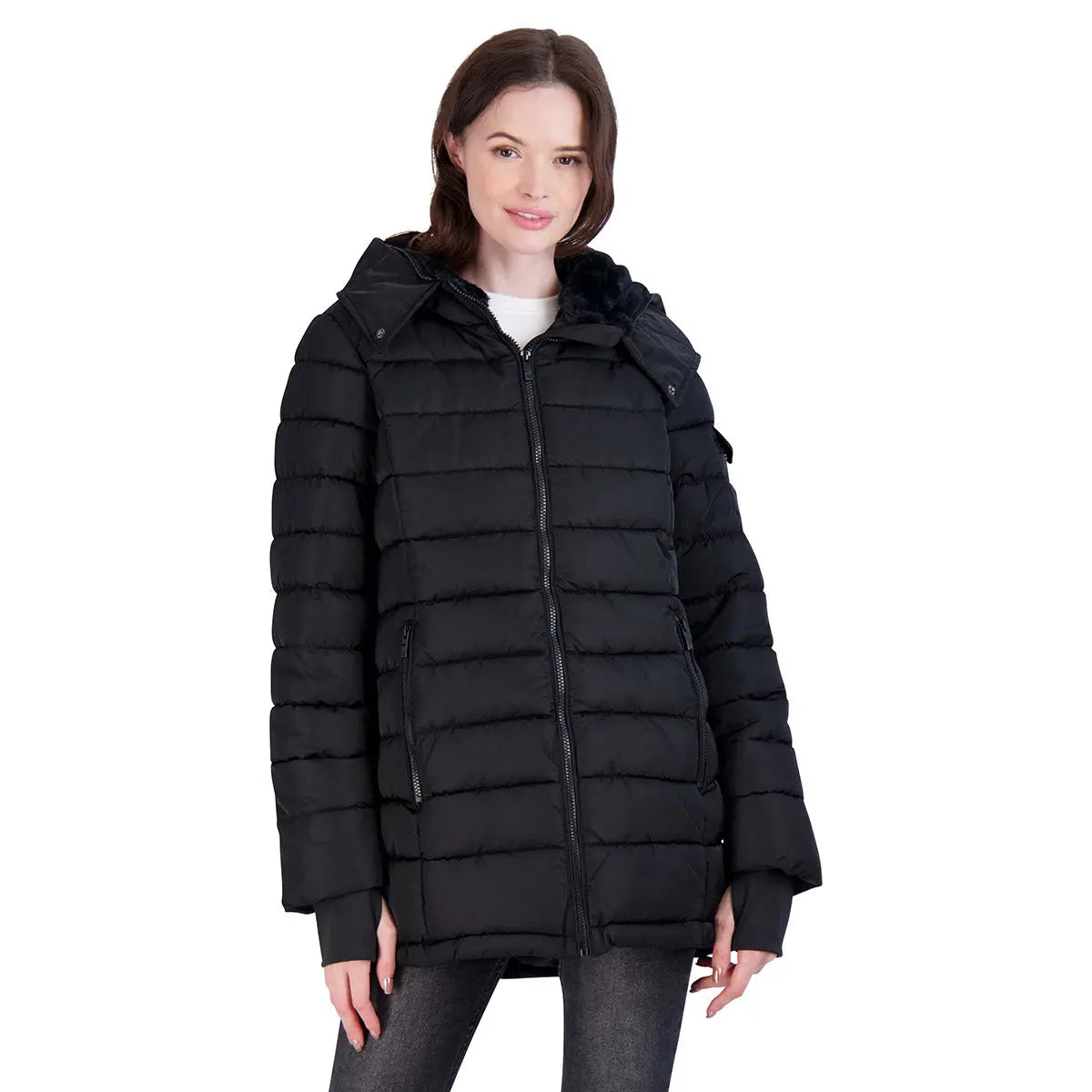Steve Madden Women's Jacket with Fur Lined Hood Black Puffer - Tophatter Daily Deals