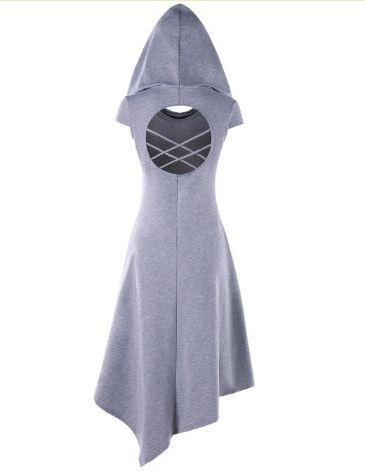 Back Hollow-out Underleg Asymmetric Hooded Midi Dress 0 - Tophatter Daily Deals