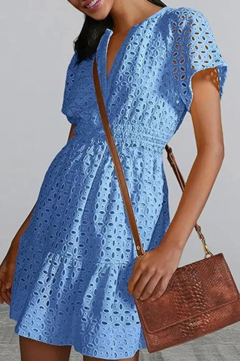 Eyelet Notched Short Sleeve Mini Dress Casual Dresses - Tophatter Daily Deals