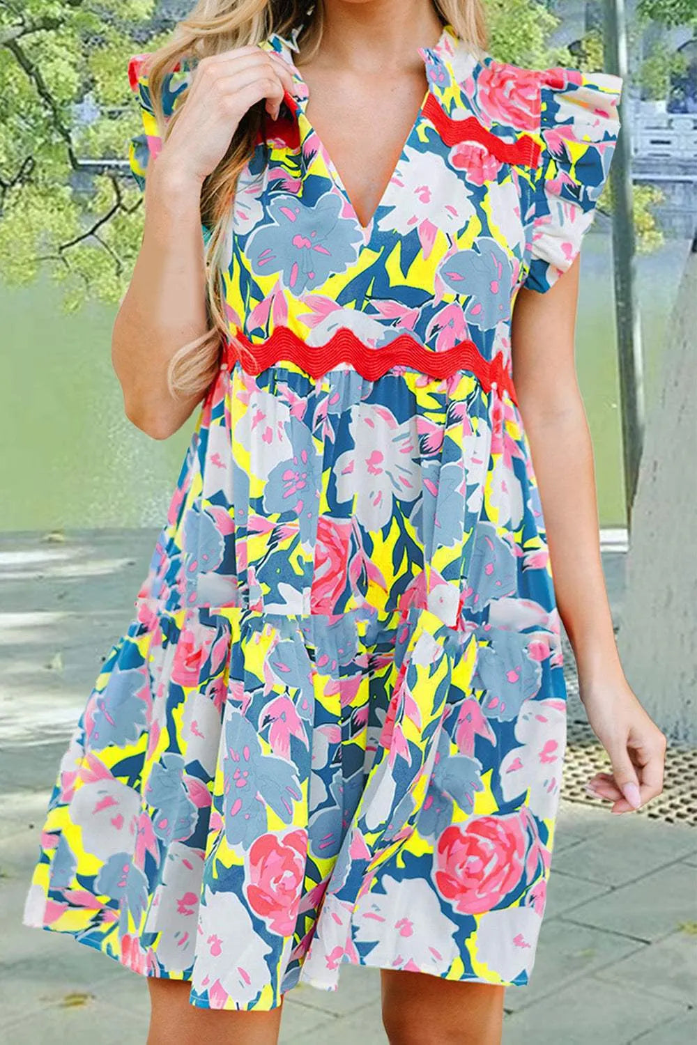 Ruffled Printed Cap Sleeve Mini Dress Light Blue Casual Dresses - Tophatter Daily Deals