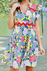 Ruffled Printed Cap Sleeve Mini Dress Light Blue Casual Dresses - Tophatter Daily Deals