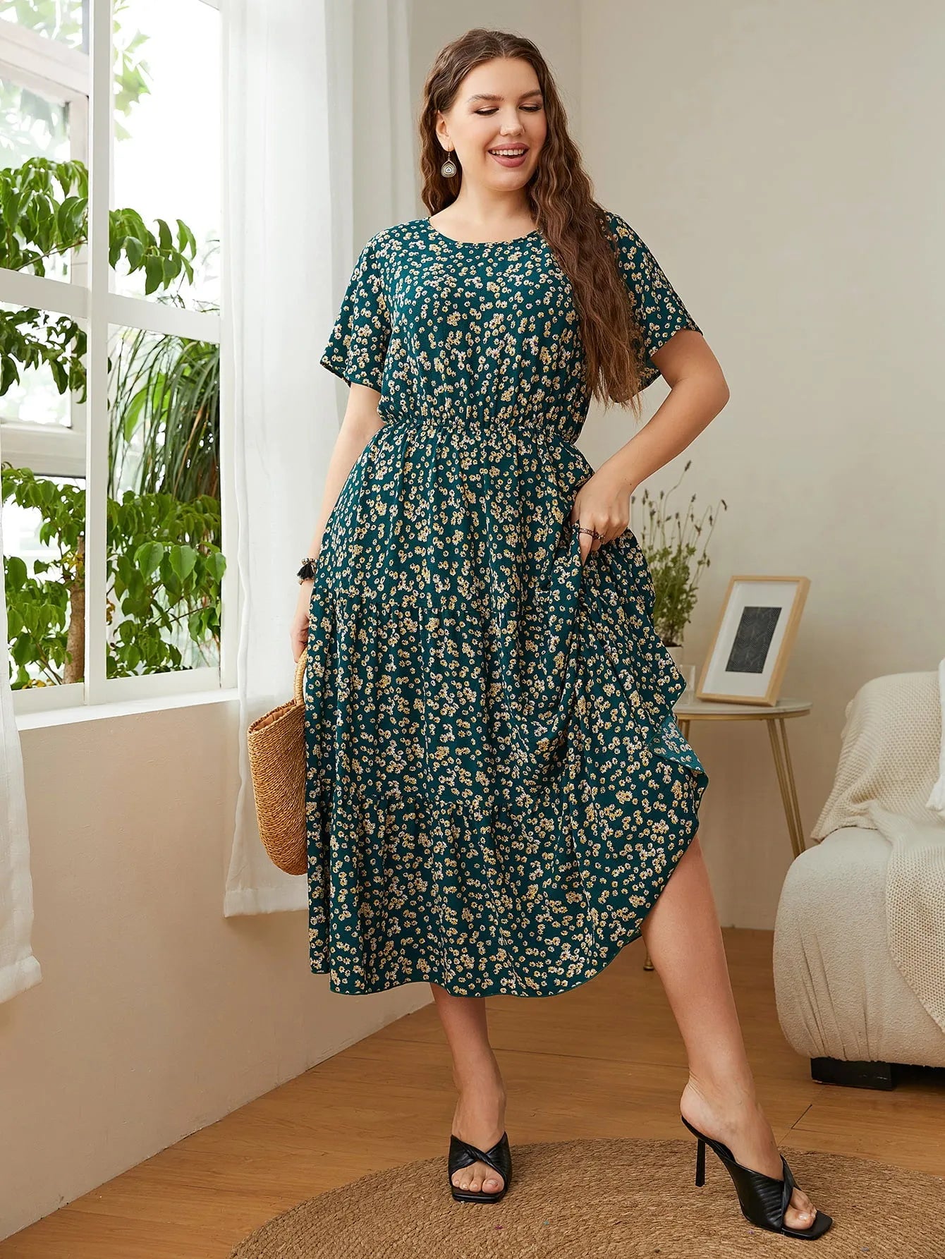 Plus Size Floral Round Neck Short Sleeve Midi Dress Deep Teal Casual Dresses - Tophatter Daily Deals