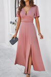 Slit V-Neck Short Sleeve Dress Blush Pink Casual Dresses - Tophatter Daily Deals