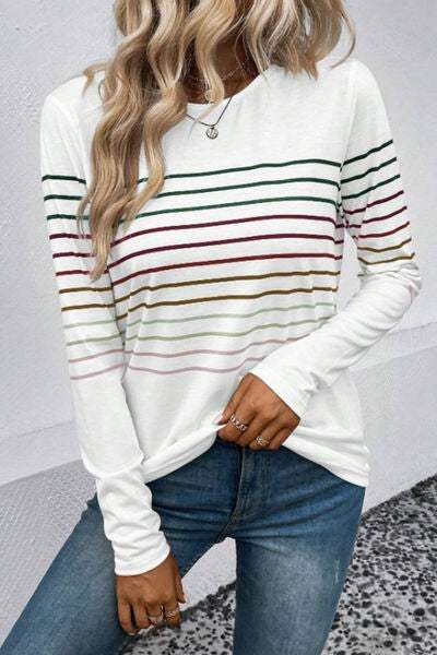 Striped Round Neck Long Sleeve T-Shirt White Women's T-Shirts - Tophatter Daily Deals