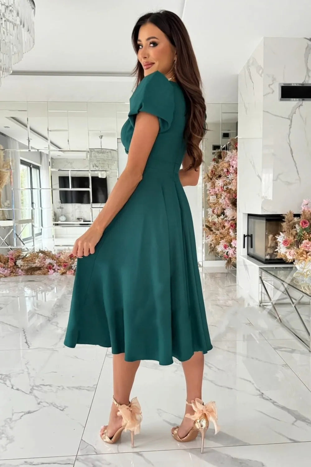 Surplice Puff Sleeve Midi Dress Casual Dresses - Tophatter Daily Deals