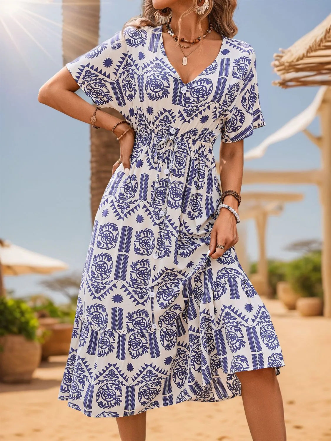 Printed V-Neck Short Sleeve Midi Dress Casual Dresses - Tophatter Daily Deals