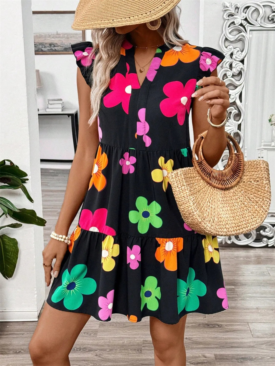 Ruffled Printed Notched Cap Sleeve Dress Casual Dresses - Tophatter Daily Deals