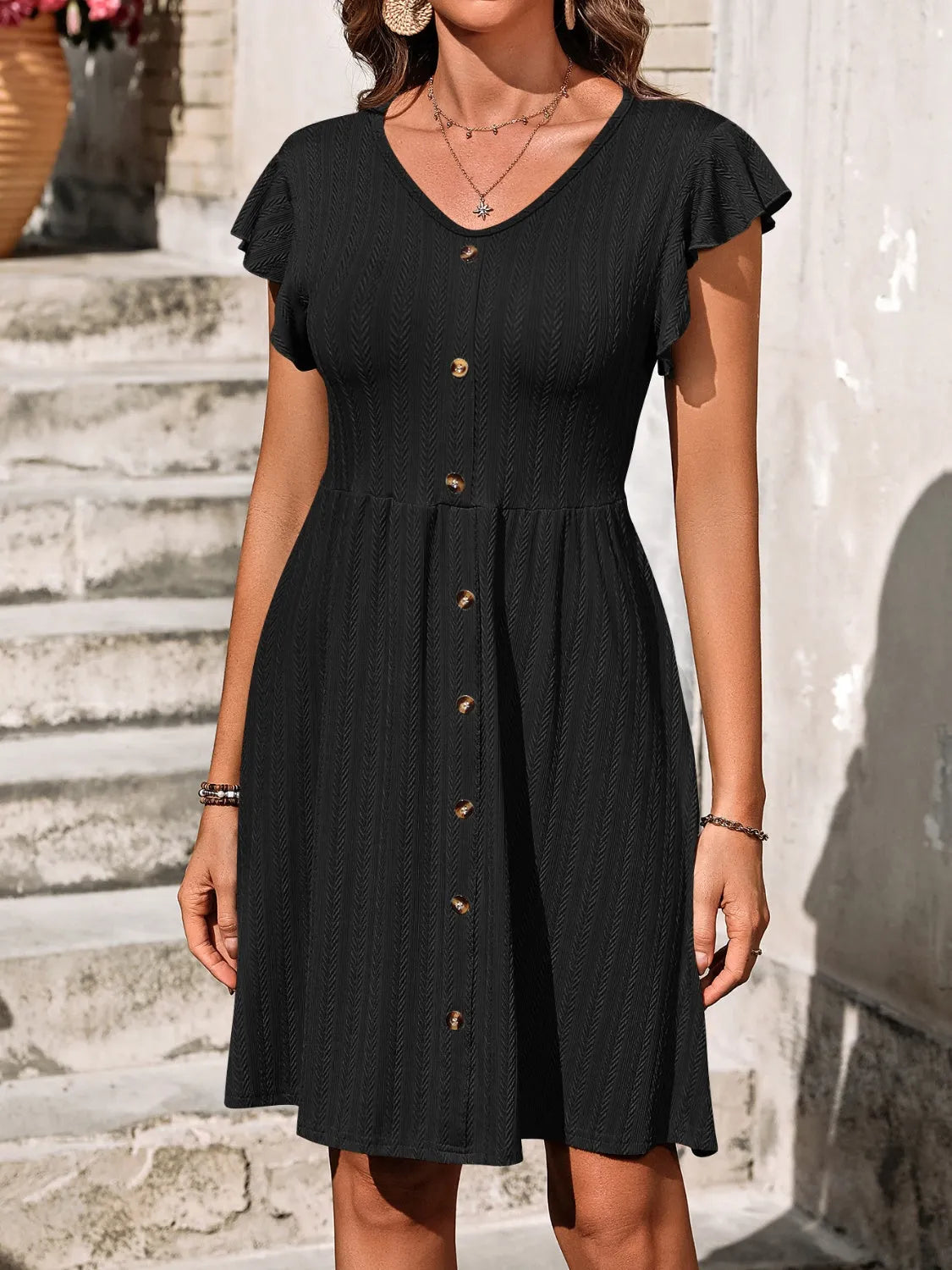 Decorative Button Ruffled V-Neck Dress Black Casual Dresses - Tophatter Daily Deals