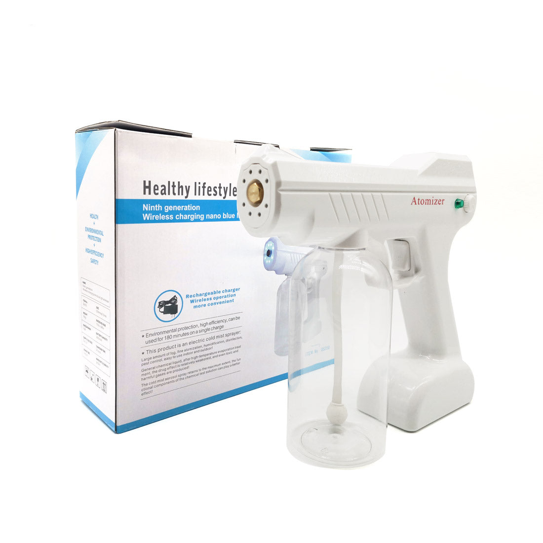 Blue Light Atomizing Spray Gun Handheld Wireless Atomizing Fogger Disinfection Sprayer Nano Sprayer Household Supplies White USB 0 - Tophatter Daily Deals