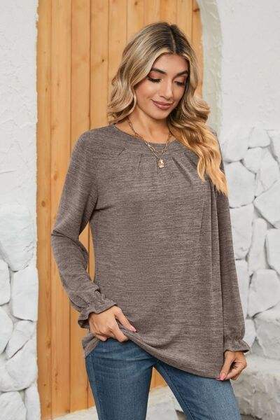 Ruched Round Neck Flounce Sleeve T-Shirt Mocha Women's T-Shirts - Tophatter Daily Deals