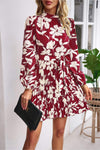 Floral Mock Neck Tie Waist Pleated Dress Deep Red Casual Dresses - Tophatter Daily Deals