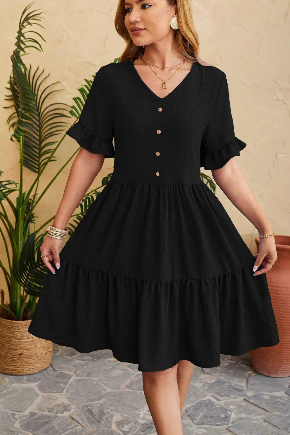 Swiss Dot Ruffled V-Neck Tiered Dress Black Casual Dresses - Tophatter Daily Deals