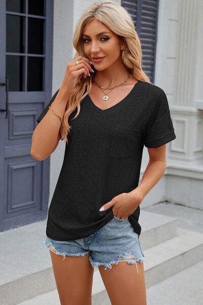 Eyelet V-Neck Short Sleeve T-Shirt Black Women's T-Shirts - Tophatter Daily Deals