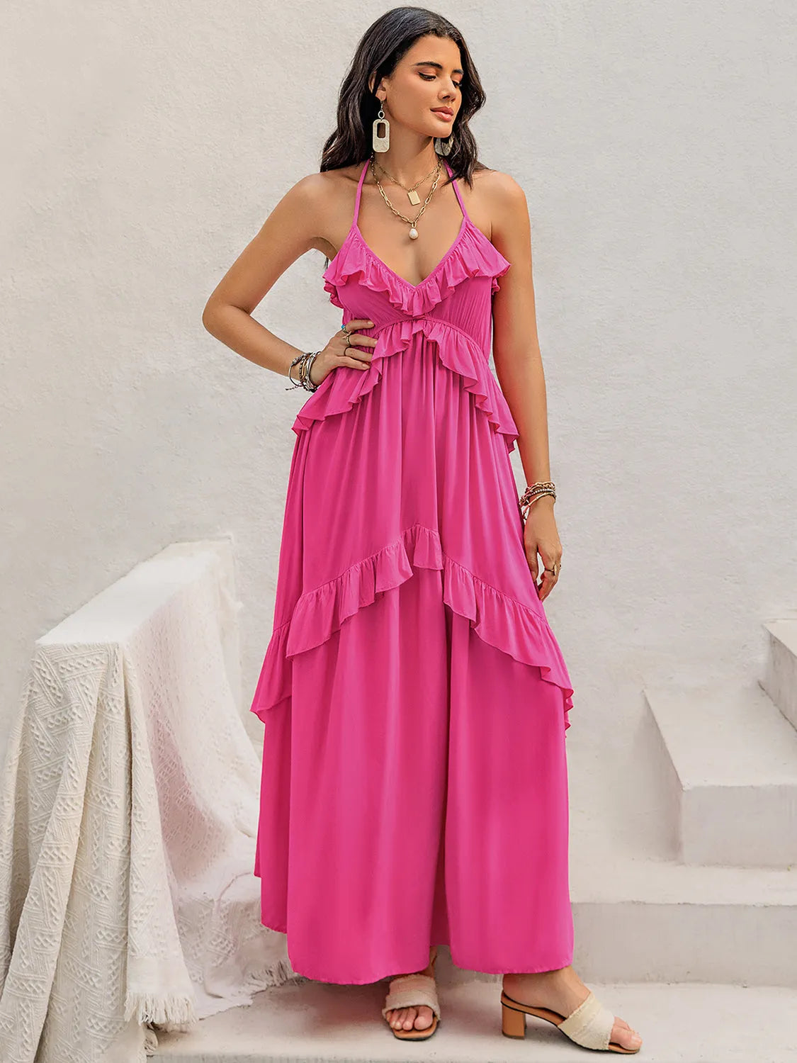 Ruffled Halter Neck Maxi Dress Casual Dresses - Tophatter Daily Deals