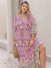 Plus Size Floral V-Neck Balloon Sleeve Midi Dress Carnation Pink Casual Dresses - Tophatter Daily Deals