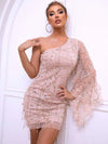 Sequin One Shoulder Spliced Mesh Sleeve Dress Champagne Cocktail Dresses - Tophatter Daily Deals