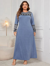 Honey Plus Size Printed Round Neck Long Sleeve Dress Dusty Blue Casual Dresses - Tophatter Daily Deals