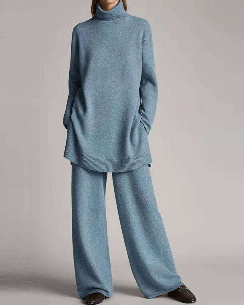 Sweater Top Wide Leg Pants Sets Blue Two Pieces Sets - Tophatter Daily Deals