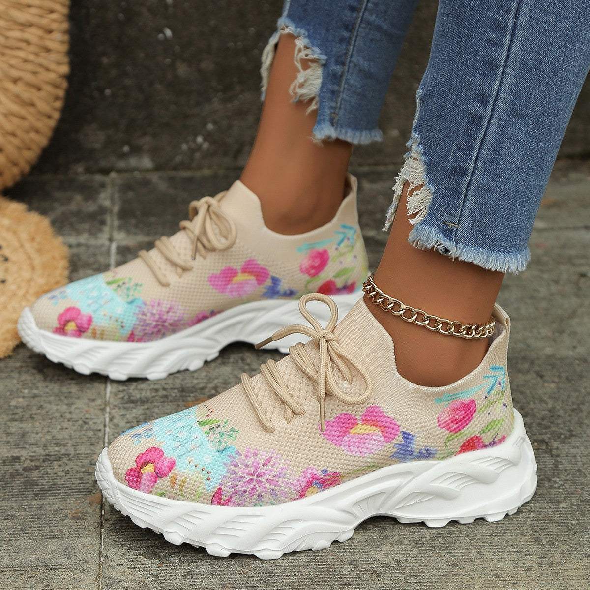 Women's Sports Shoes Flowers Print Walking Sneakers Casual Breathable Lace-up Mesh Shoes Khaki Humidifier - Tophatter Daily Deals