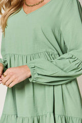 Double Take Full Size V-Neck Balloon Sleeve Tiered Dress Casual Dresses - Tophatter Daily Deals