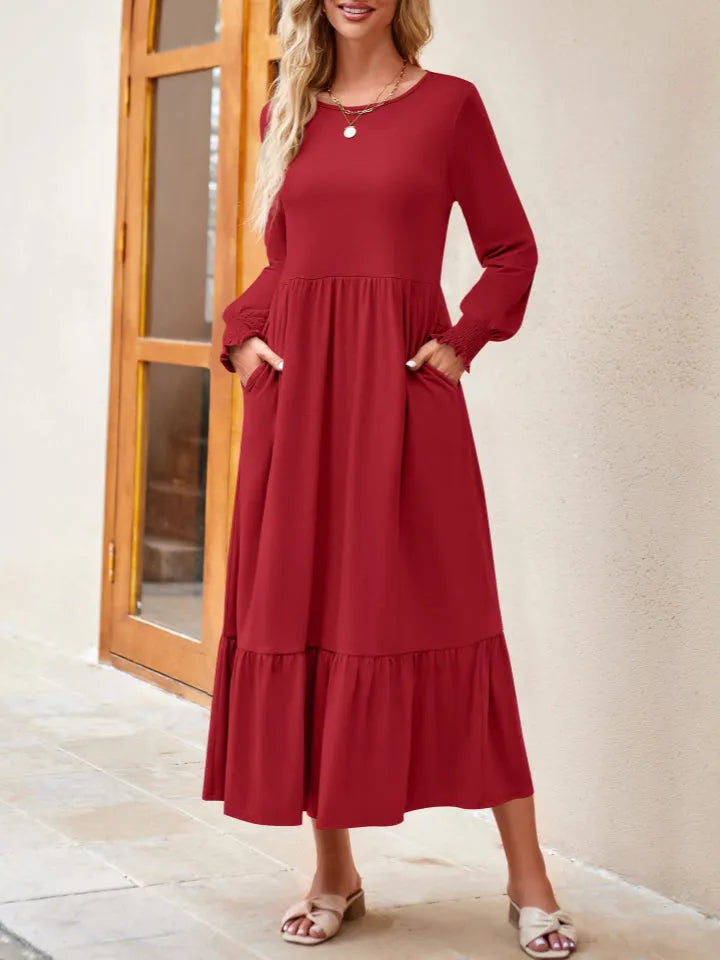 Round Neck Lantern Sleeve Ruffle Hem Dress Casual Dresses - Tophatter Daily Deals