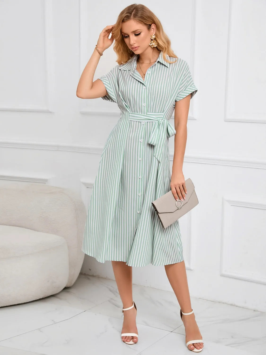 Striped Short Sleeve Tie Waist Midi Dress Casual Dresses - Tophatter Daily Deals