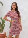 Cutout Striped Round Neck Short Sleeve Dress Deep Red Casual Dresses - Tophatter Daily Deals